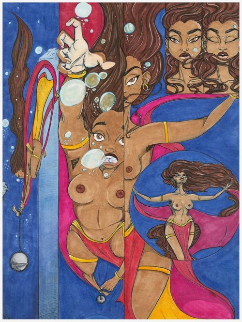 The Death of the Nameless Goddess. Wriply M. Bennet. Markers and Ink. From "Black Trans Futuristic" at William Way Center. Curated by Wit López.