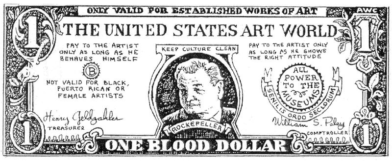 From the book “ART GANGS Protest & Counterculture in New York City” by Alan Moore. Artists Meeting for Cultural Change, Boycott This Show. 1976, Art Workers’ Coalition, One Blood Dollar. c. 1976