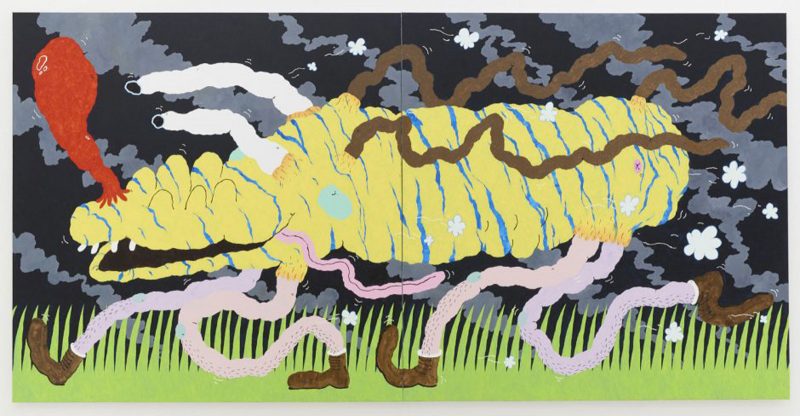 Joakim Ojanen, “Tiger Dog On The Run, He’s Got A Whiff Of Something Better,” oil on linen, 59 x 118 inches, 150 x 300 cm. From “Snake Pit” at The Hole NYC. Photo courtesy of The Hole NYC.