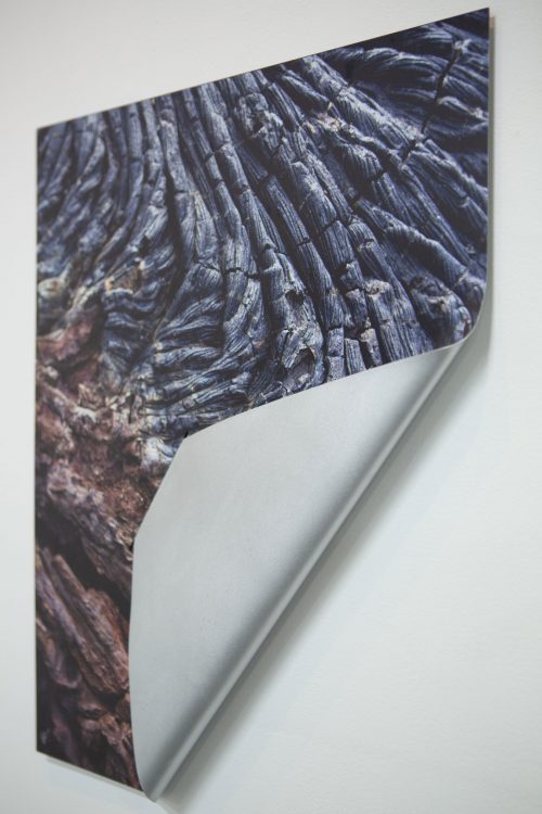 Letha Wilson, Volcano Aluminum Bend, 2019, UV print on Aluminum, 24 x 20 x 1.5 inches. From "After Cities" at Fjord Gallery.