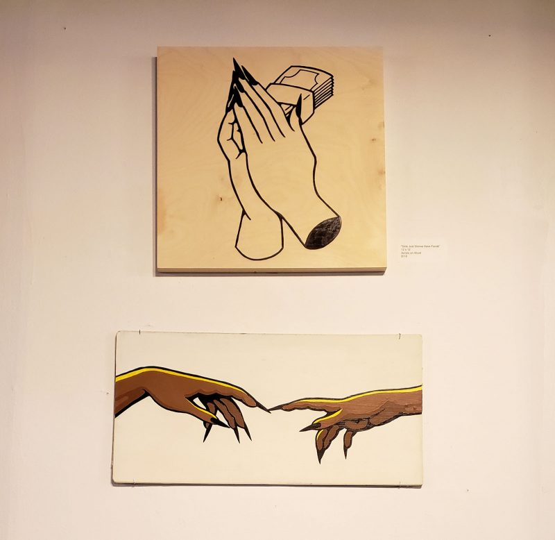 “Girls Just Want to Have Funds”(top) and “Creation of Eve” (bottom) by Marisa Velazquez-Rivas. From "4 Queer Voices" at the William Way LGBT Community Center. Photo courtesy of Wit López.