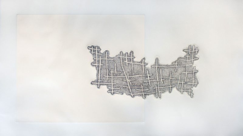 James Siena, Displaced Non-Map Fragment, 2018, Etching and relief, 25” x 44”, Edition of 20; Courtesy of the Artist and The University of the Arts, MFA Book Arts + Printmaking, Philadelphia. James Siena: Resonance Under Pressure, 2019, The Print Center