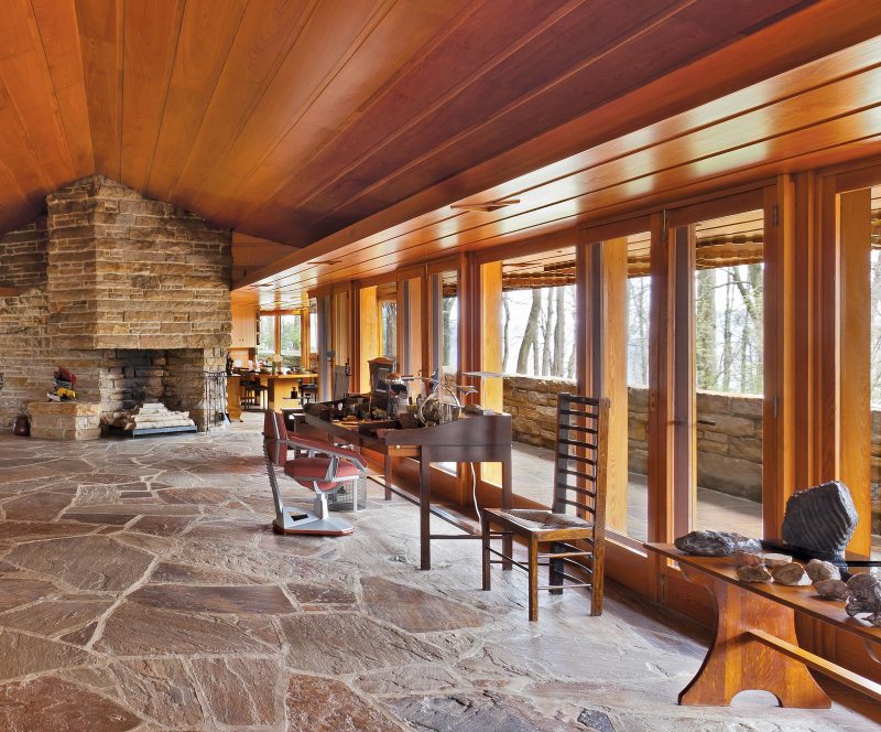 View from the main living area, majority of furniture in collection by Frank Lloyd Wright (including that funky futuristic one that looks robotic). Courtesy of the Kentuck Knob Archive and Tom Little.