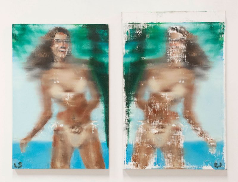 Bikini Girl 1, 2000. Oil on canvas. 16 x 24 in (L), 17 x 26 in (R). Image courtesy of the Mishkin Gallery.