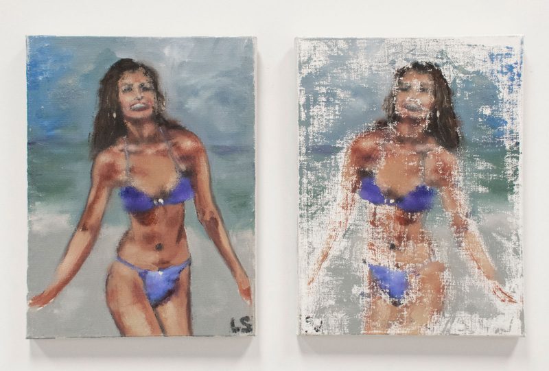 Bikini Girl 3, 2000. Oil on canvas. 12 x 16 in (L), 12 x 16 in (R). Image courtesy of the Mishkin Gallery.