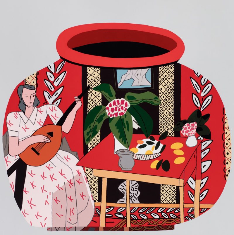 Jonas Wood, Red Pot with Lute Player #2, 2018. Oil and acrylic on canvas, 86 x 90 in.