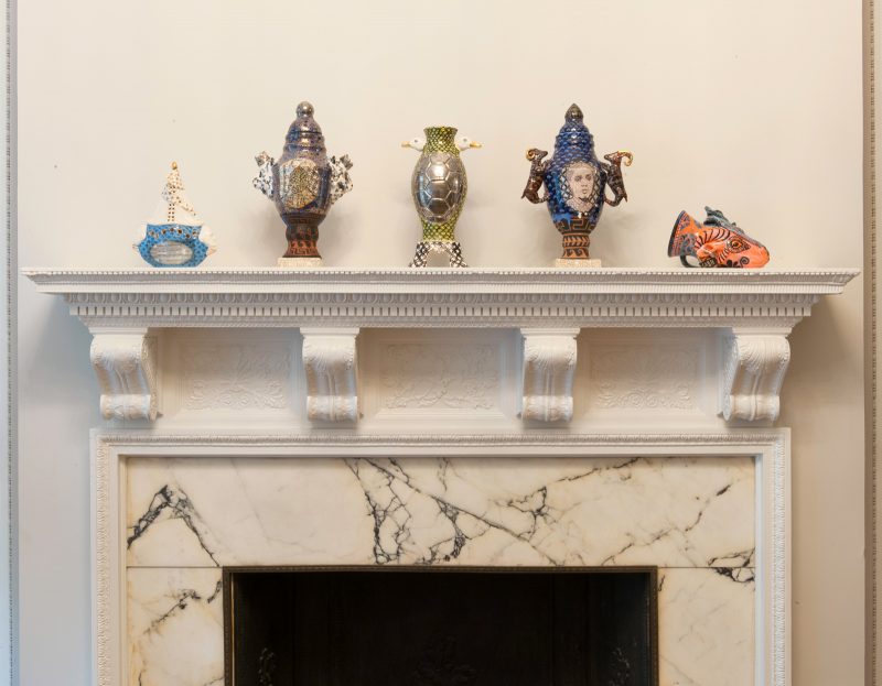 Roberto Lugo, “Garniture,” 2018. Installation of ceramic objects on mantel of 1 West, Image Courtesy of The Walters Museum