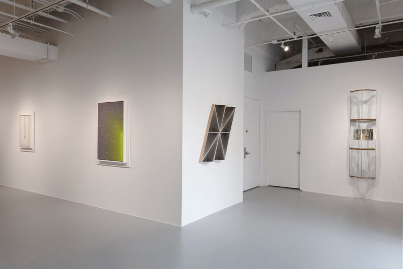 Installation view, Julian Hoeber at Rosenwald-Wolf. Left to right: San Gabriel, Execution Changes #86B, Curtain Wall Vector Model, Wall Window Faces Encases. Photo courtesy Heather Rasmussen.