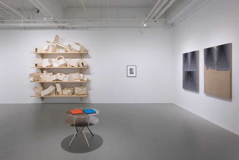 Julian Hoeber, installation at Rosenwald-Wolf Gallery, with "Architectural Models" (center rear); "Execution Changes #87A and #87B" (right). Photo by Heather Rasmussen