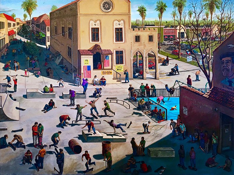 Sandow Birk, The Mid-Term Election (Skate Park), 2018, acrylic on canvas, 35 x 45”. Photo courtesy Craig Krull Gallery