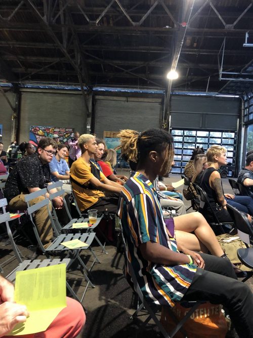 Audience at Cherry Street Pier, Sept. 16, listening to the 2019 VF awardees introduce their projects.
