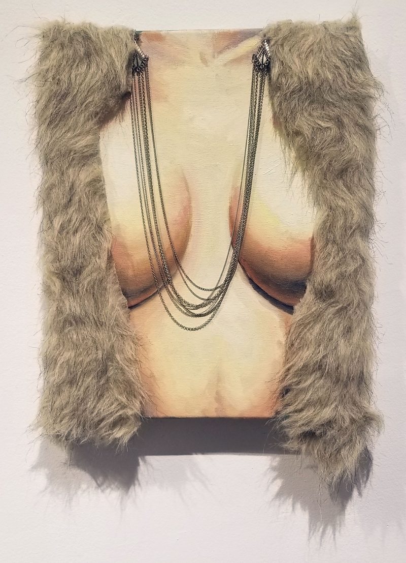 Baby Got a New Fur Coat” by Jacqueline White. Oil Paint, Fur, Chain on Canvas