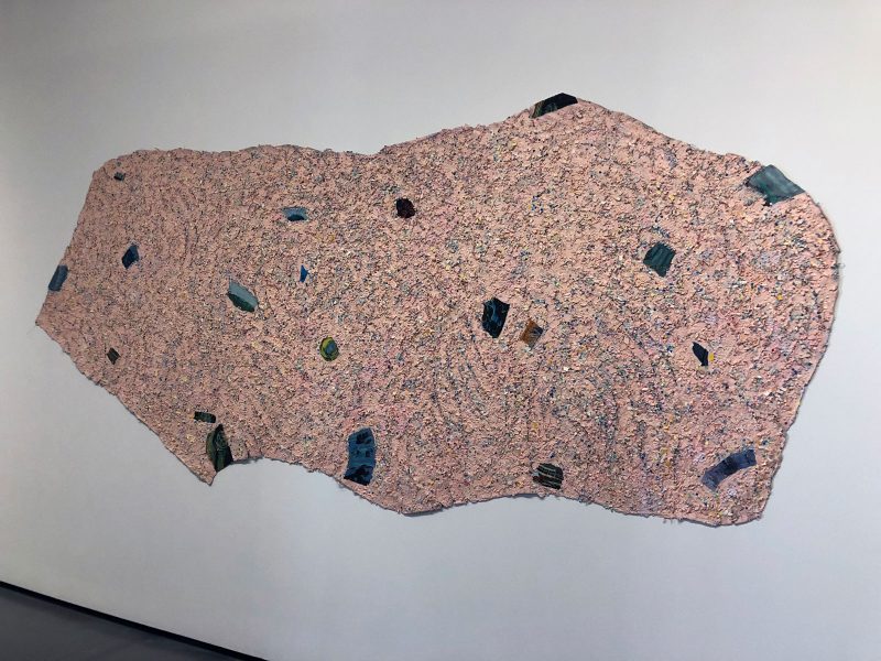 Howardena Pindell, “Autobiography: Japan (Tombo No Hane),” 1982–1983, Mixed media on canvas, 66 1/2 × 148 in., Courtesy the artist and Garth Greenan Gallery, New York. Photo courtesy Susan Isaacs.