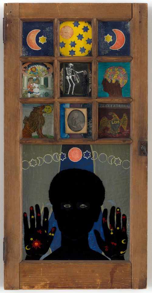Betye Saar. "Black Girl's Window," 1969. Wooden window frame with paint, cut-and-pasted printed and painted papers, daguerrotype, lenticular print, and plastic figurine, 35 3/4 x 18 x 1 1/2" (90.8 x 45.7 x 3.8 cm). The Museum of Modern Art, New York. Gift of Candace King Weir through The Modern Women's Fund, and Committee on Painting and Sculpture Funds. © 2019 Betye Saar, courtesy the artist and Roberts Projects, Los Angeles. Digital Image © 2018 The Museum of Modern Art, New York, Photo by Rob Gerhardt.