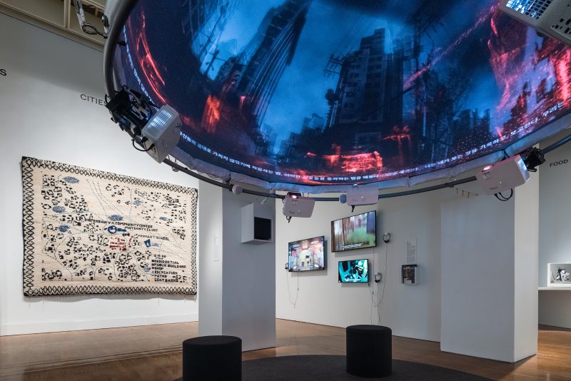 Installation view of Designs for Different Futures (Cities section), featuring Driver Less Vision, designed 2017, by Urtzi Grau, Guillermo Fernández-Abascal, Daniel Perlin, Max Lauter, Make_Good, New York. Photo by Joseph Hu, courtesy Philadelphia Museum of Art, 2019.