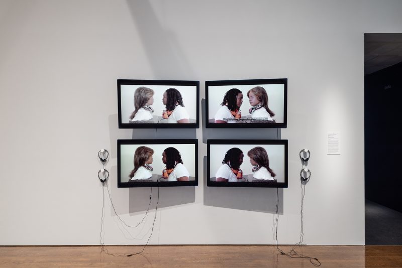 Installation view of Designs for Different Futures (Data), featuring Conversations with Bina48: Fragments 2, 5, 6, 7, 2014, by Stephanie Dinkins. Four-channel color video with audio. BINA48 courtesy Terasem Movement Foundation. Photo by Joseph Hu, courtesy Philadelphia Museum of Art, 2019.