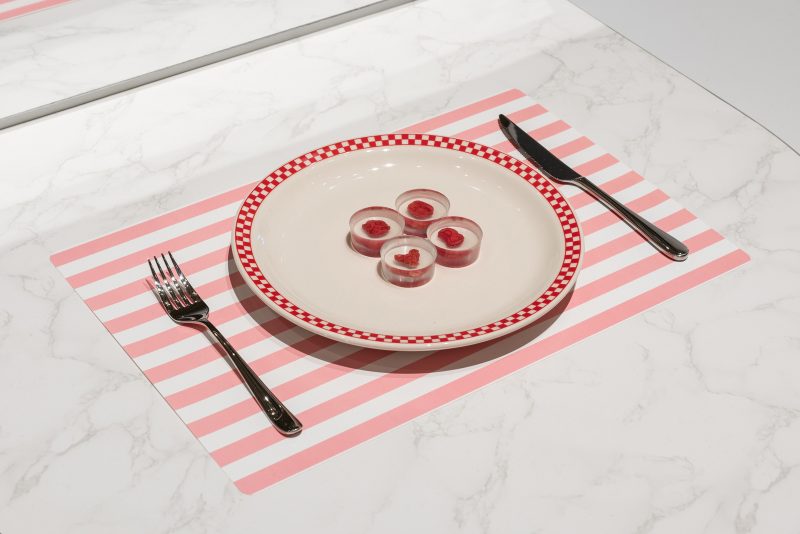 Installation view of Designs for Different Futures (Food section), featuring Ouroboros Steak, 2019, by Andrew Pelling, Ourochef, Grace Knight, Dimitic Design, and Orkan Telhan, University of Pennsylvania. Photo by Joseph Hu, courtesy Philadelphia Museum of Art, 2019.