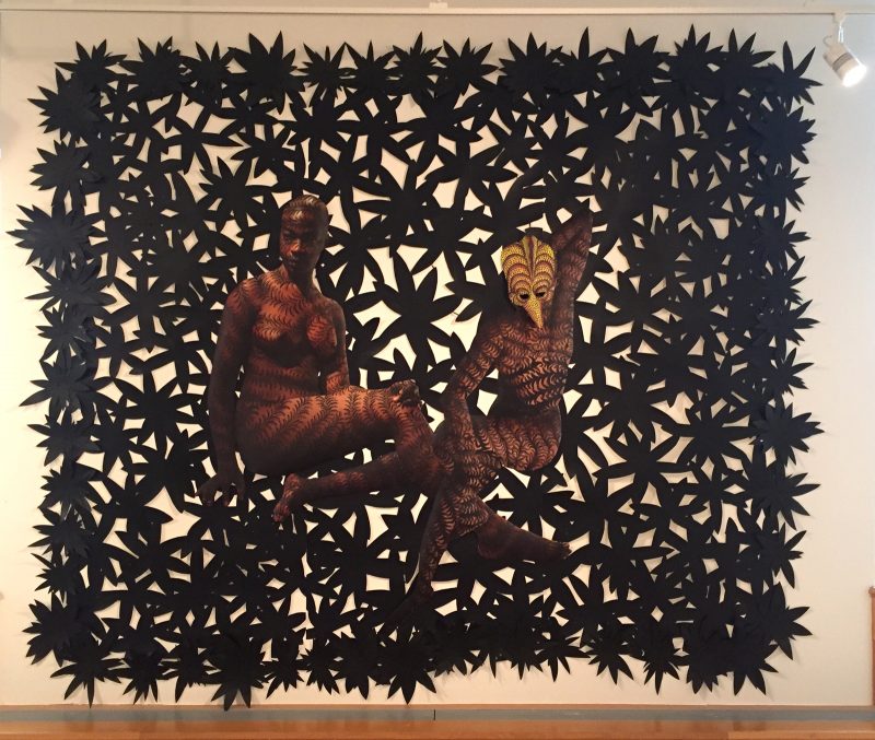 Henry Bermudez, "Tattooed Nature, 2 Bodies" 2019. Acrylic paint, mixed-media mask, textiles, paper. From Henry Bermudez: Tattooed Nature at List Gallery, Swarthmore College. Courtesy Natalie Sandstrom.