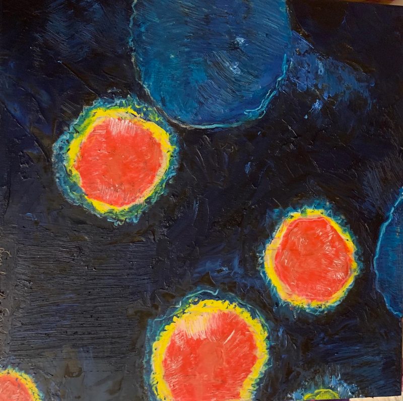 Encaustic painting of the coronavirus.