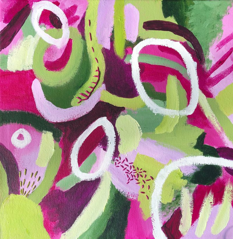 Abstract painting of organic shapes in pink, green, and white.