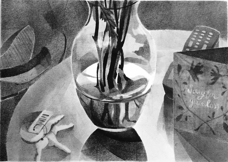 Graphite drawing of a table with a vase full of flowers on it, as well as a set of keys, a tv remote, and a thank you card.