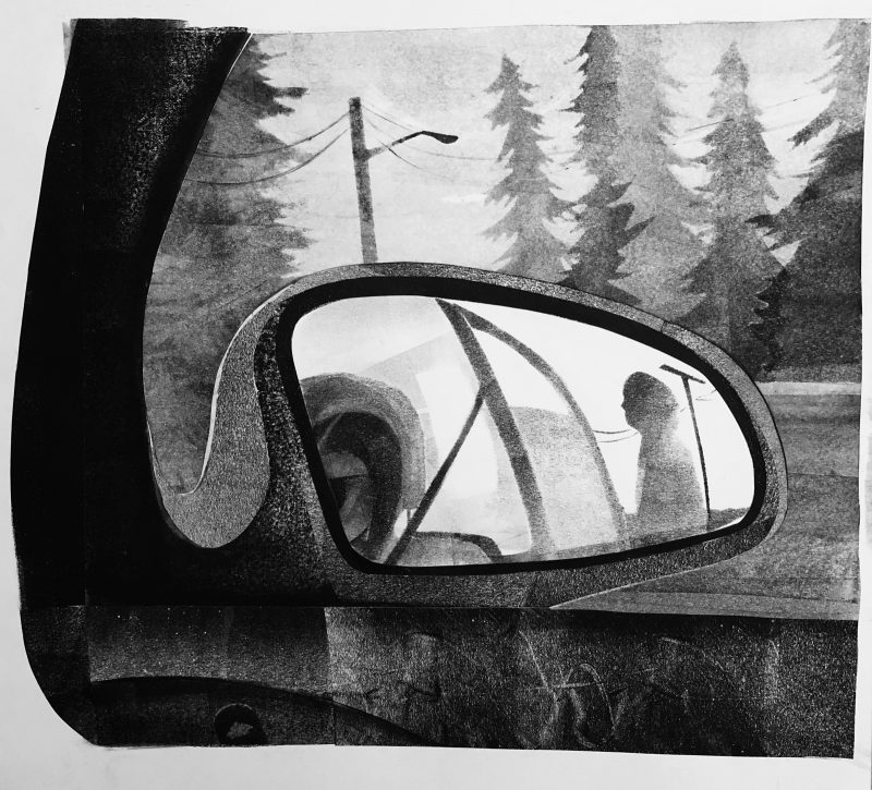 Graphite drawing of right rear view mirror. In the reflection, a person is getting in the car. Outside the window there are trees and a street light.