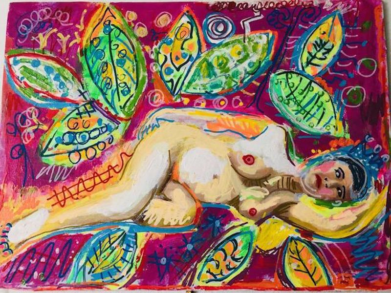 Painting of a female figure with an abstract background and leaves surrounding them.