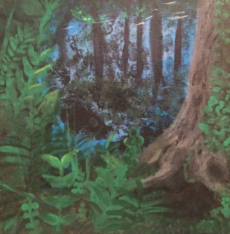 Painting of a forest at night with plenty of greenery growing tall.