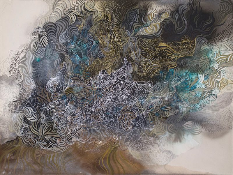 Abstract painting with decorative mark making. Colors include blue, brown, and dark shadowy clouds up in the top of the painting.
