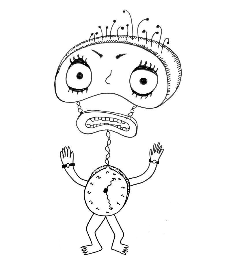 Drawing of a cartoon-like figure whose body is a clock and hear is in two parts, the mouth connected to the head by metal parts.