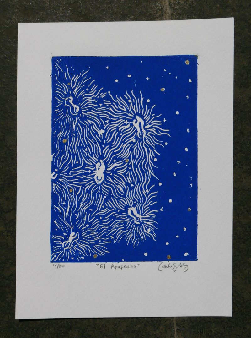 Print of white markmaking on a royal blue background.
