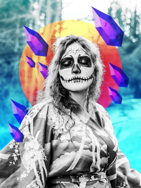 Black and white portrait of a woman wearing decorative makeup, in front of a colorful, digital design created by the artist.