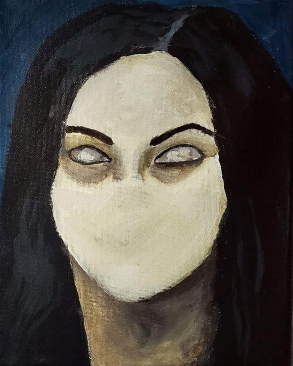 Painted portrait of a woman with black hair and no mouth