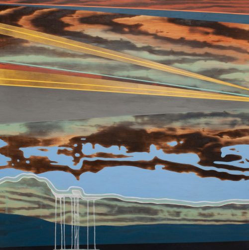Michele Kishita, “Another Dawn,” latex and graphite on shou-sugi ban panel. 36 x 36”. 2019. Image courtesy of the artist.