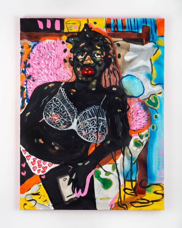 Painting of a black woman in a bra and underwear laying in bed.