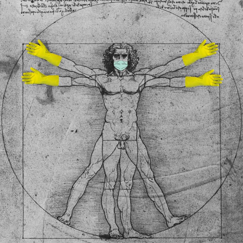 Da Vinci's drawing of the anatomy of man with rubber gloves imposed onto his hands and a face mask imposed onto his face.