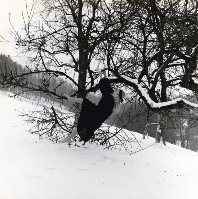 Natalia hanging from a tree on a snowy hill