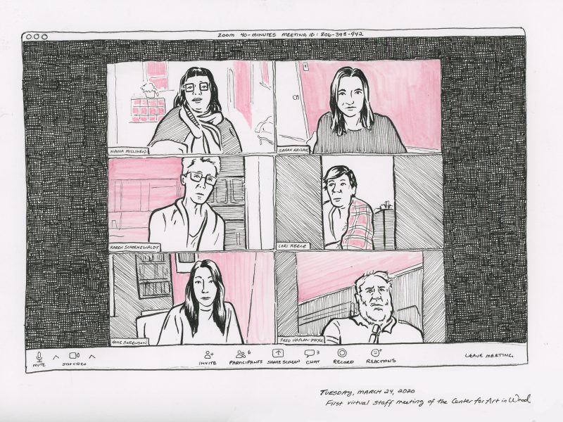Drawing of 6 people on a "zoom" call during social distancing.