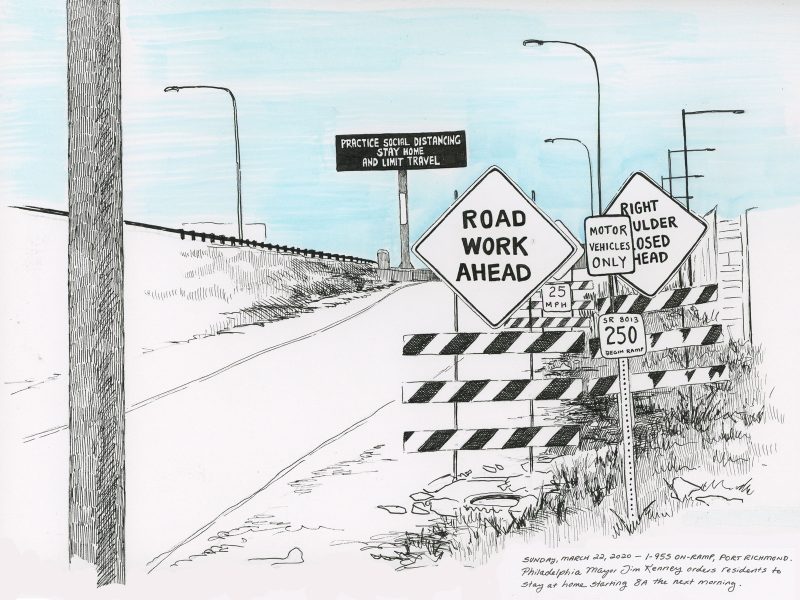 Drawing of the I-95 ramp in Port Richmond, Philadelphia with signs like "Road Work Ahead"