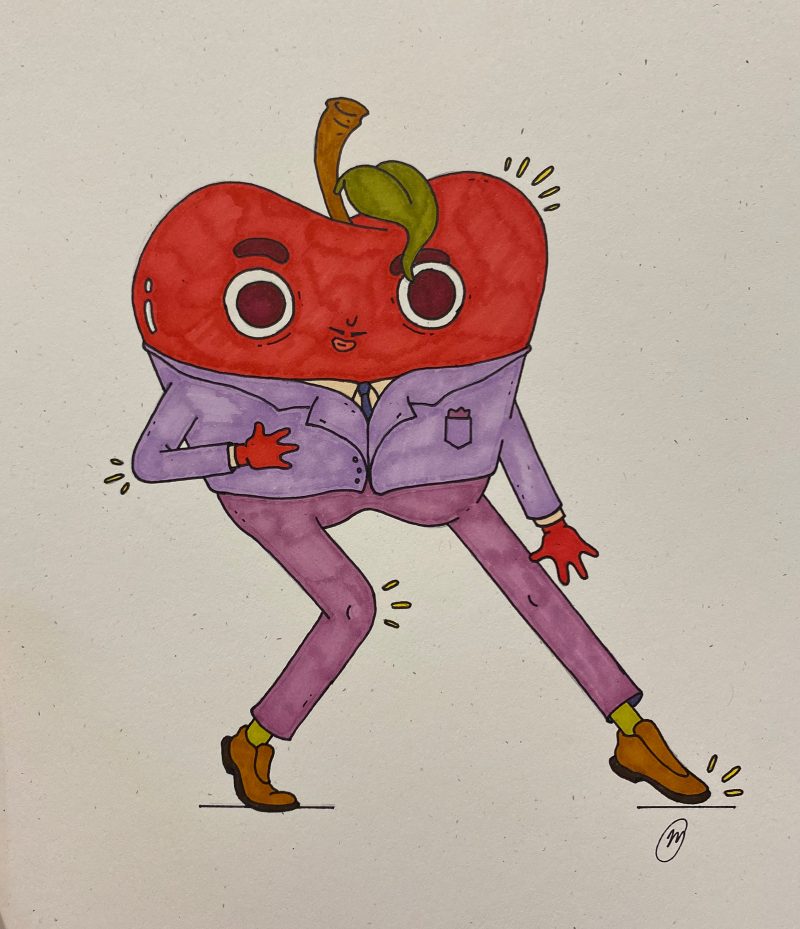 Drawing of an apple with legs wearing a purple suit and outstretching their left leg as if they are dancing.