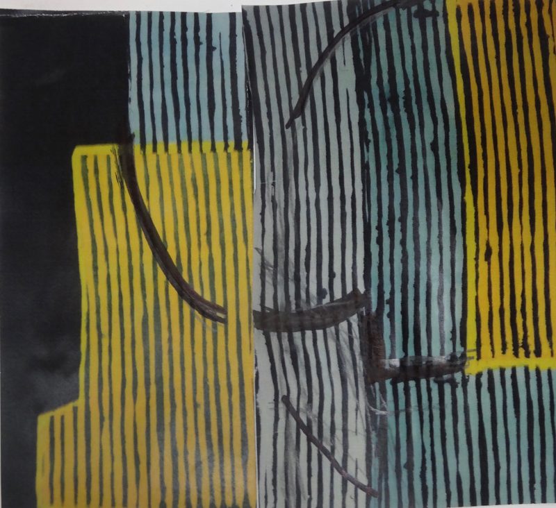 Painting with yellow, blue, and gray rectangles of colors filled with black stripes on a black background.
