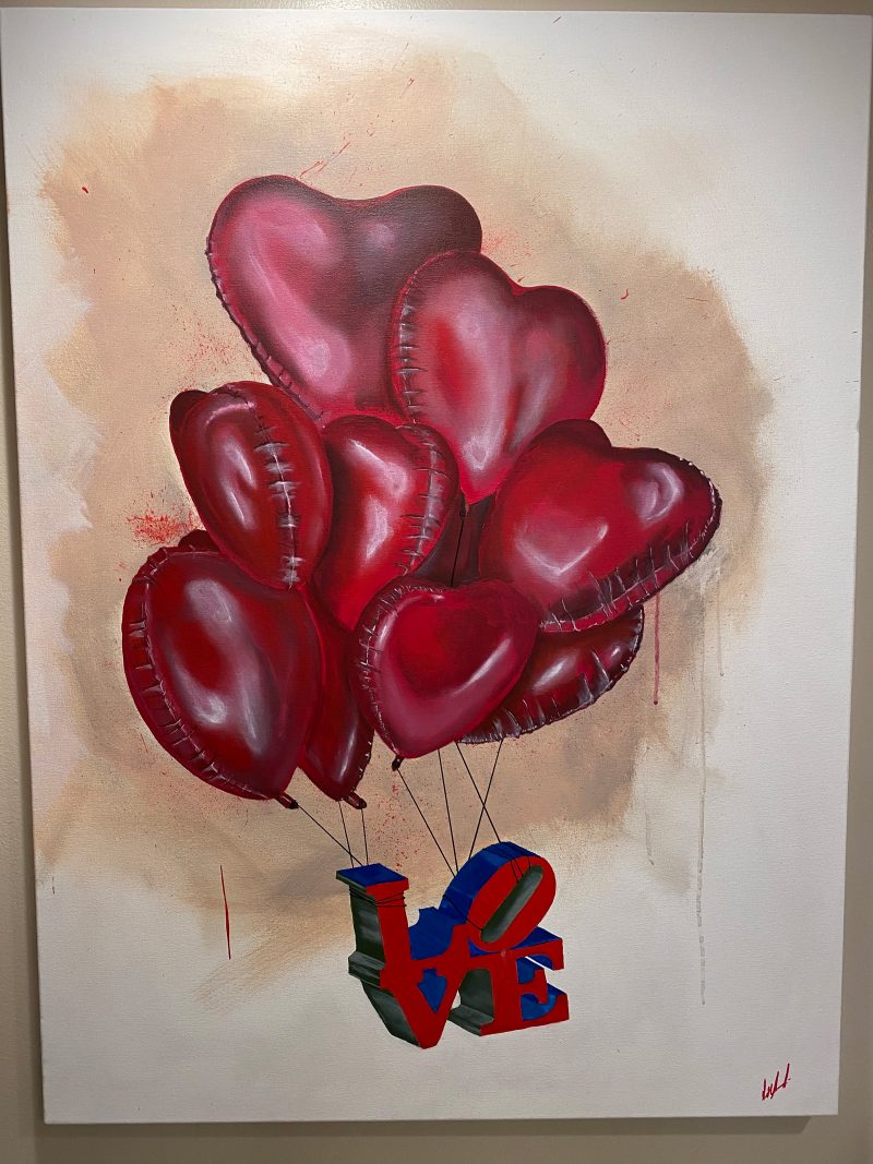 Painting of heart shaped balloons floating off of the Roberta Indiana "Love" sculpture.