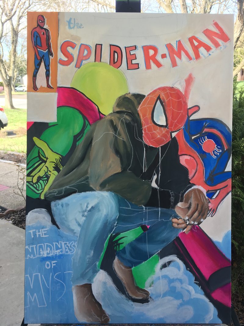 Painting of spiderman with the words "Spider-man" at the top.