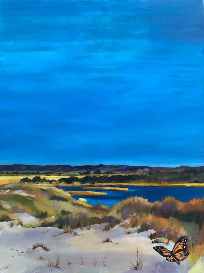Oil painting of a beach with a blue sky with a butterfly in the foreground.