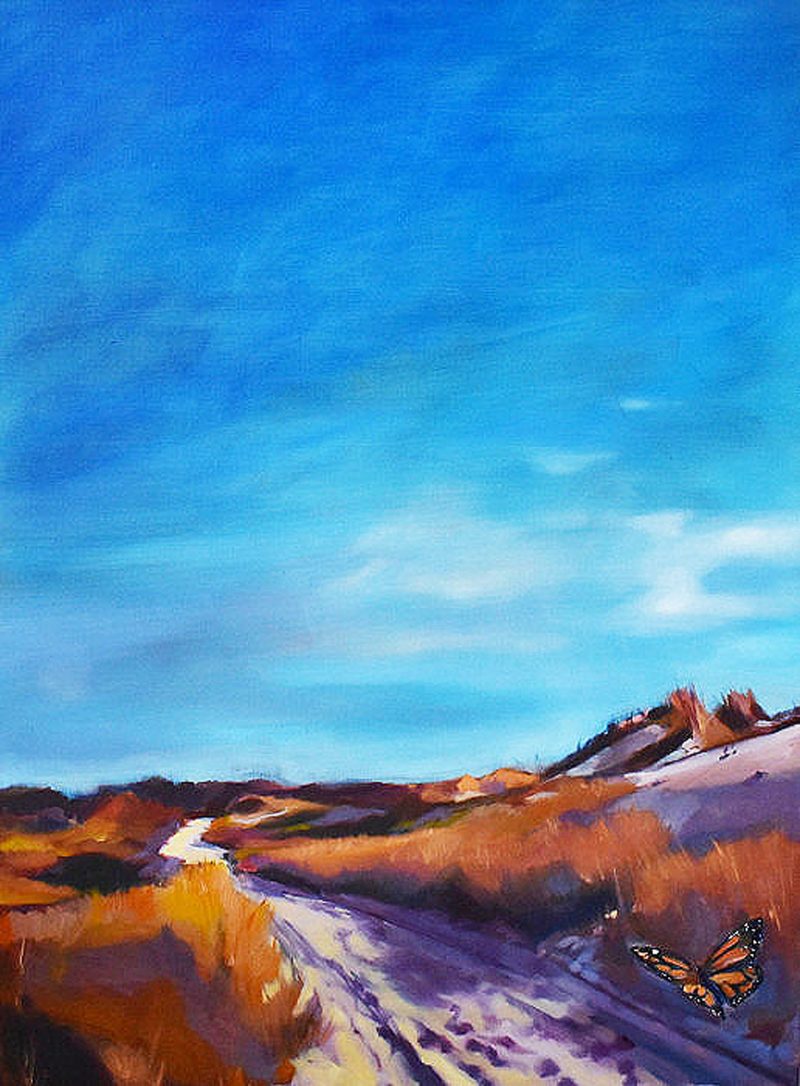 Oil painting of sand and dunes and a blue sky.