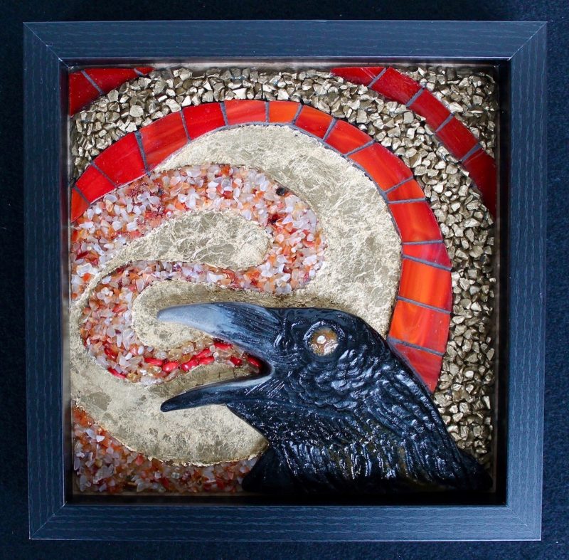Mosaic of a crow with a re and white spiraled background.