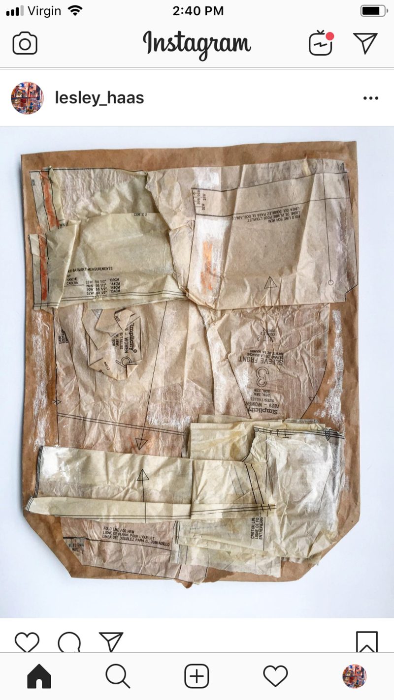Screenshot of Lesley's work on their instagram, crinkled papers and string collaged on to a piece of brown paper.