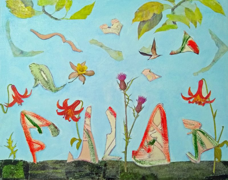 Flowers, leaves, and pale pink geometric shapes collaged onto a blue "sky" sitting on green "grass"