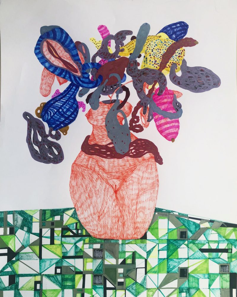Marker drawing of a female figure, from the knees to the neck, in the shape of a flower vase with abstract flowers sprouting out.