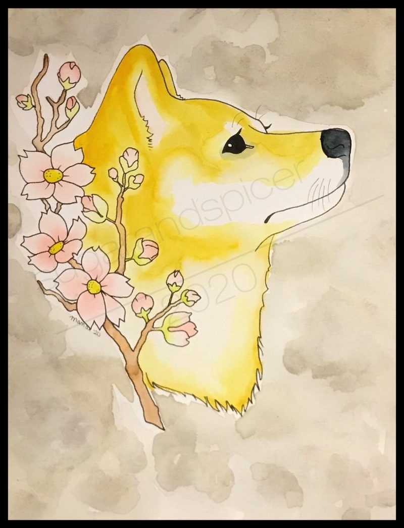 Painting on paper of a dog's head with cheery blossoms surrounding the back of the head.